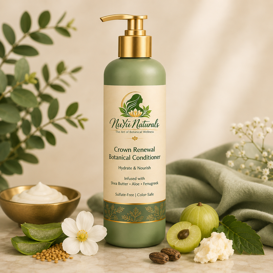 NuYu Naturals Crown Renewal Botanical Conditioner bottle with natural ingredients on a neutral background
